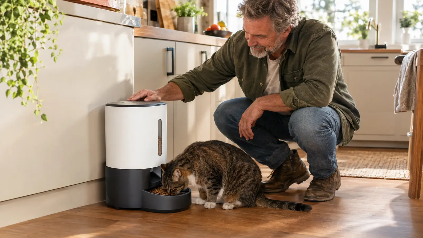 A cat eating from the automatic feeder while a person crouches beside it in a home kitchen