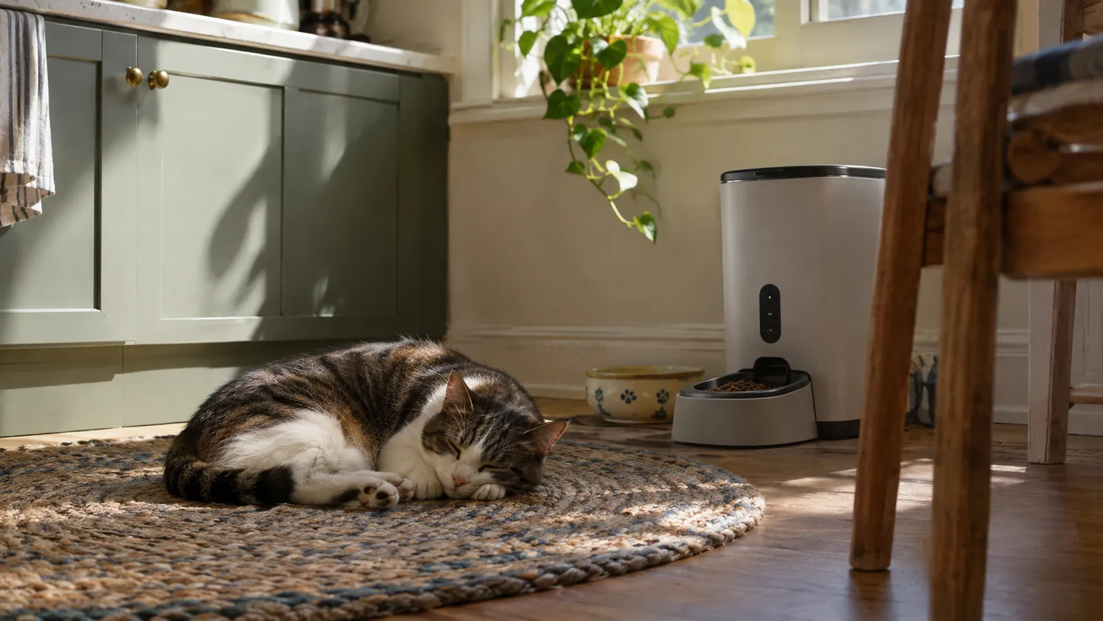 A cat napping on a rug near the automatic feeder in a quiet kitchen