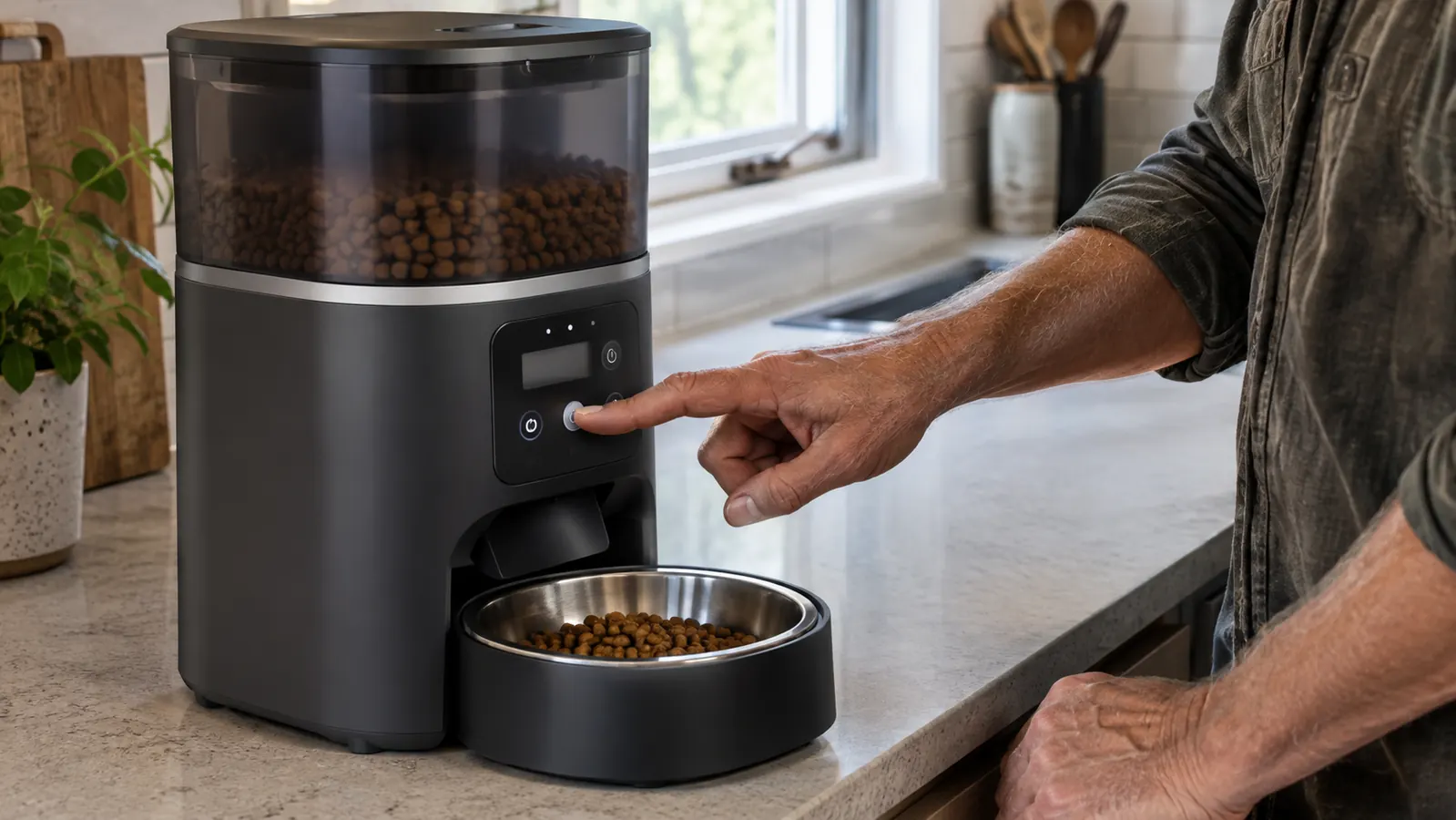 A person's hand pressing buttons on the control panel of an automatic cat feeder