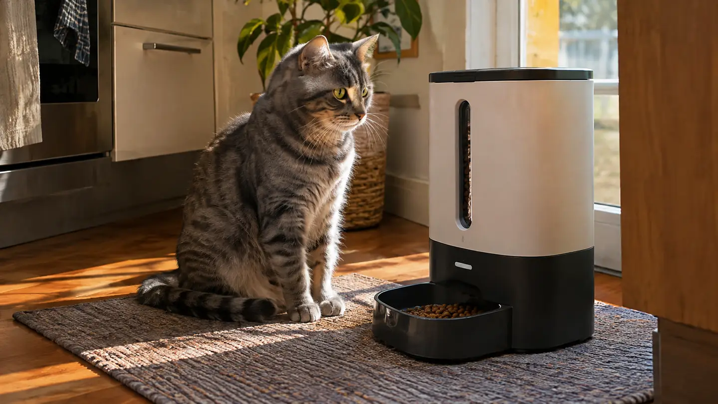 A gray tabby cat waiting patiently beside an automatic cat feeder