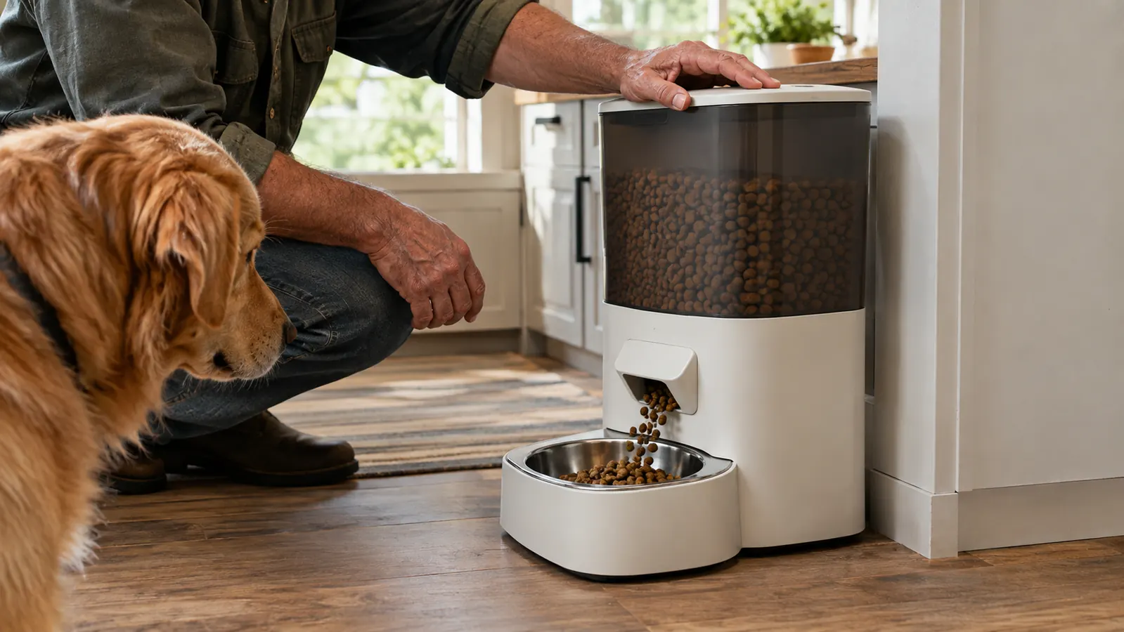 A person's hand sprinkling kibble from the automatic feeder into a stainless bowl on the floor