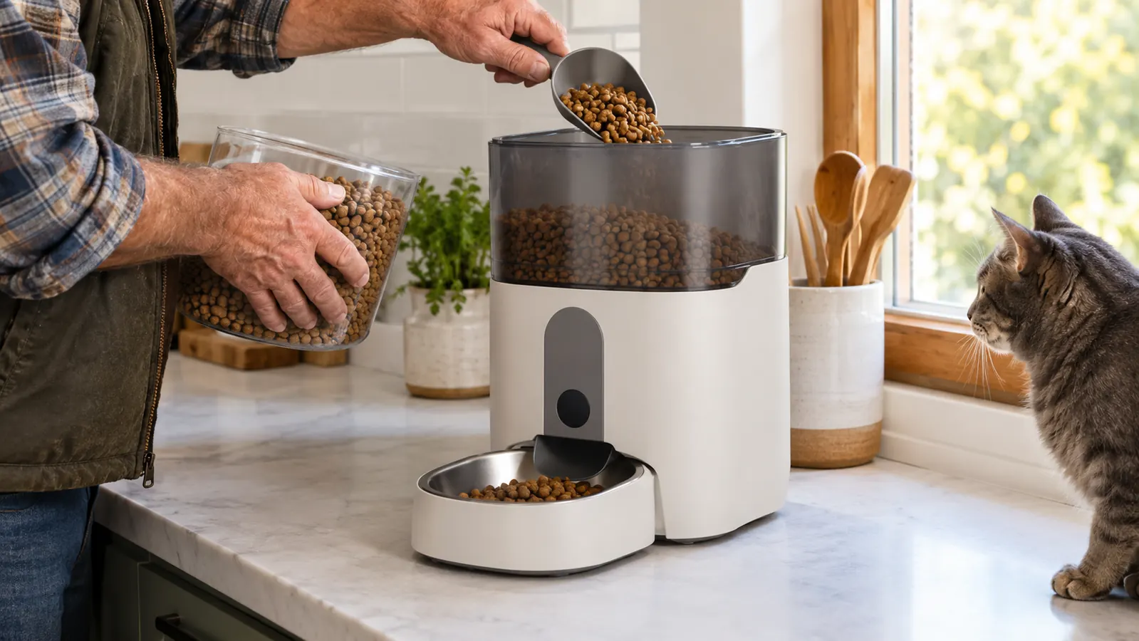 A person filling the top of an automatic cat feeder with dry kibble from a scoop