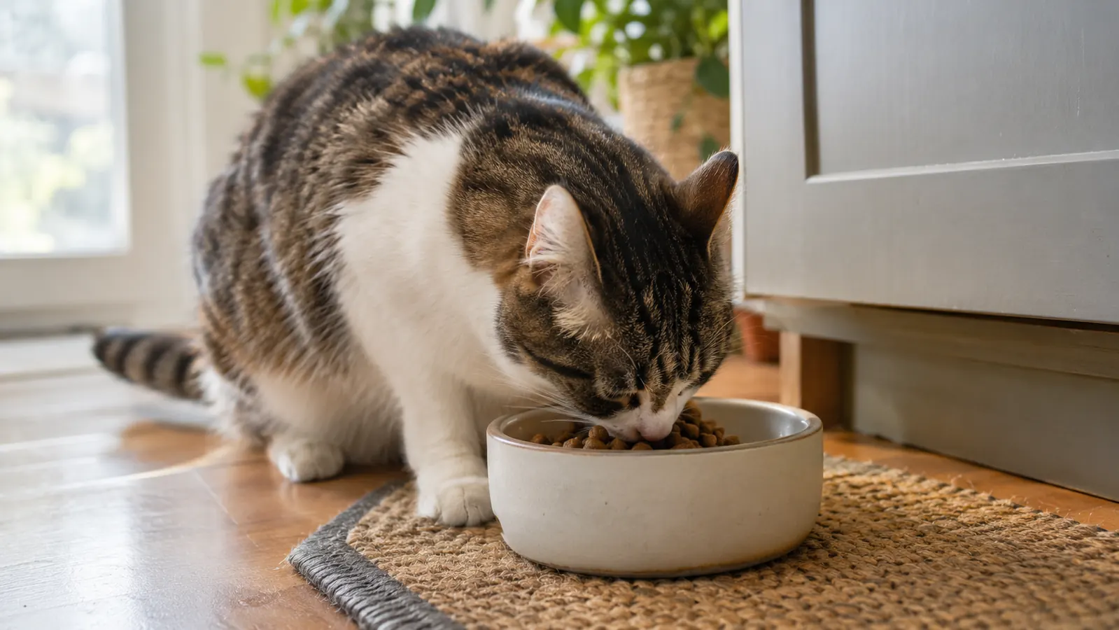 A cat eating from a simple ceramic bowl on a kitchen mat